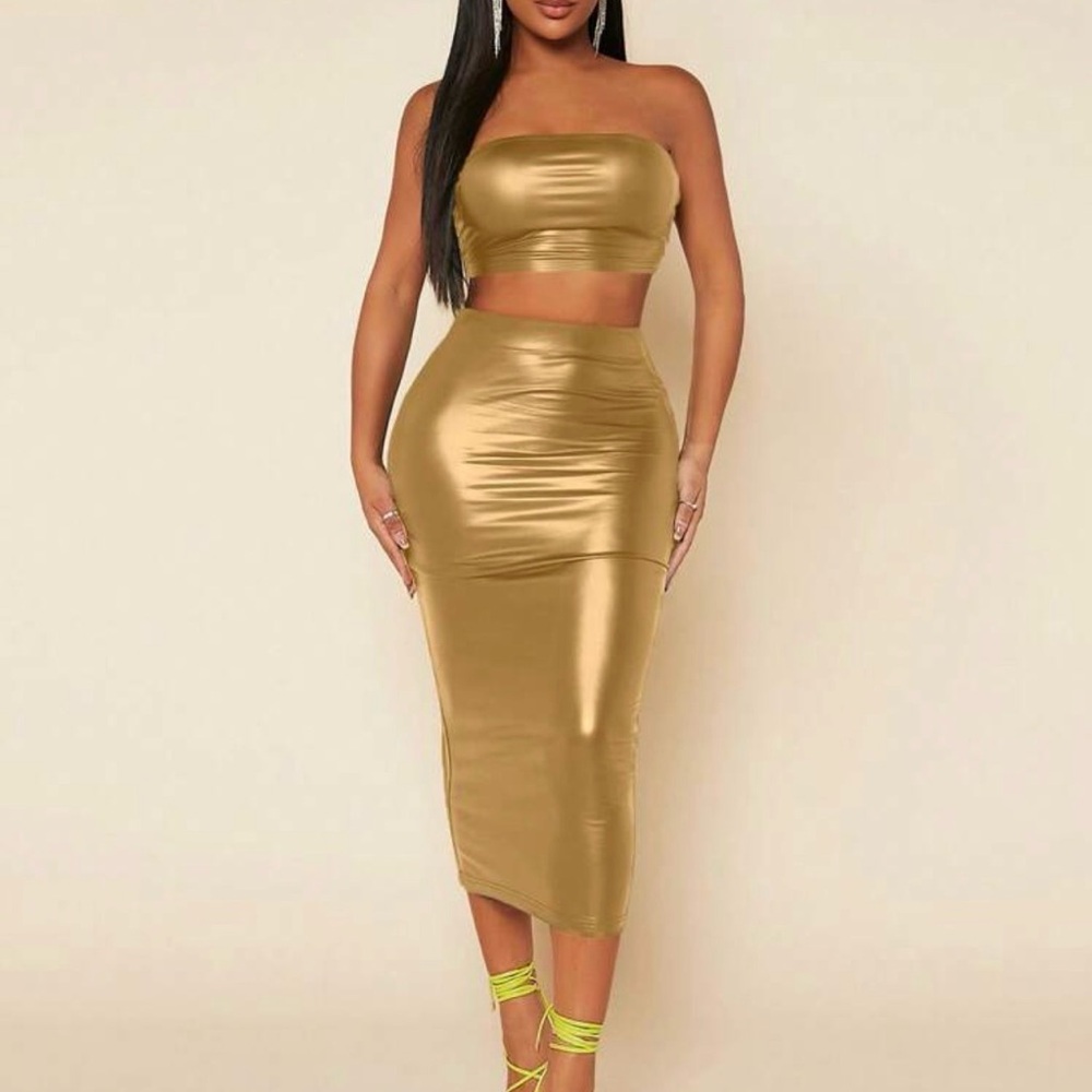 SHEIN Metallic Gold Strapless Skirt Set